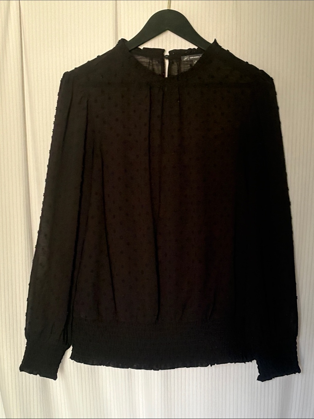Adrianna Papell Textured Polkadot Detail Long Sleeve Blouse Lined Black Medium